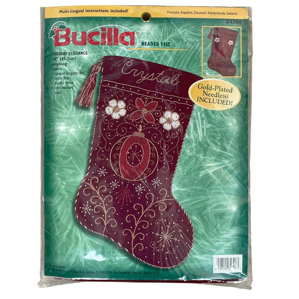 VTG Bucilla Holiday Elegance Beaded Felt Stocking Kit Burgundy Gold 18" Heirloom